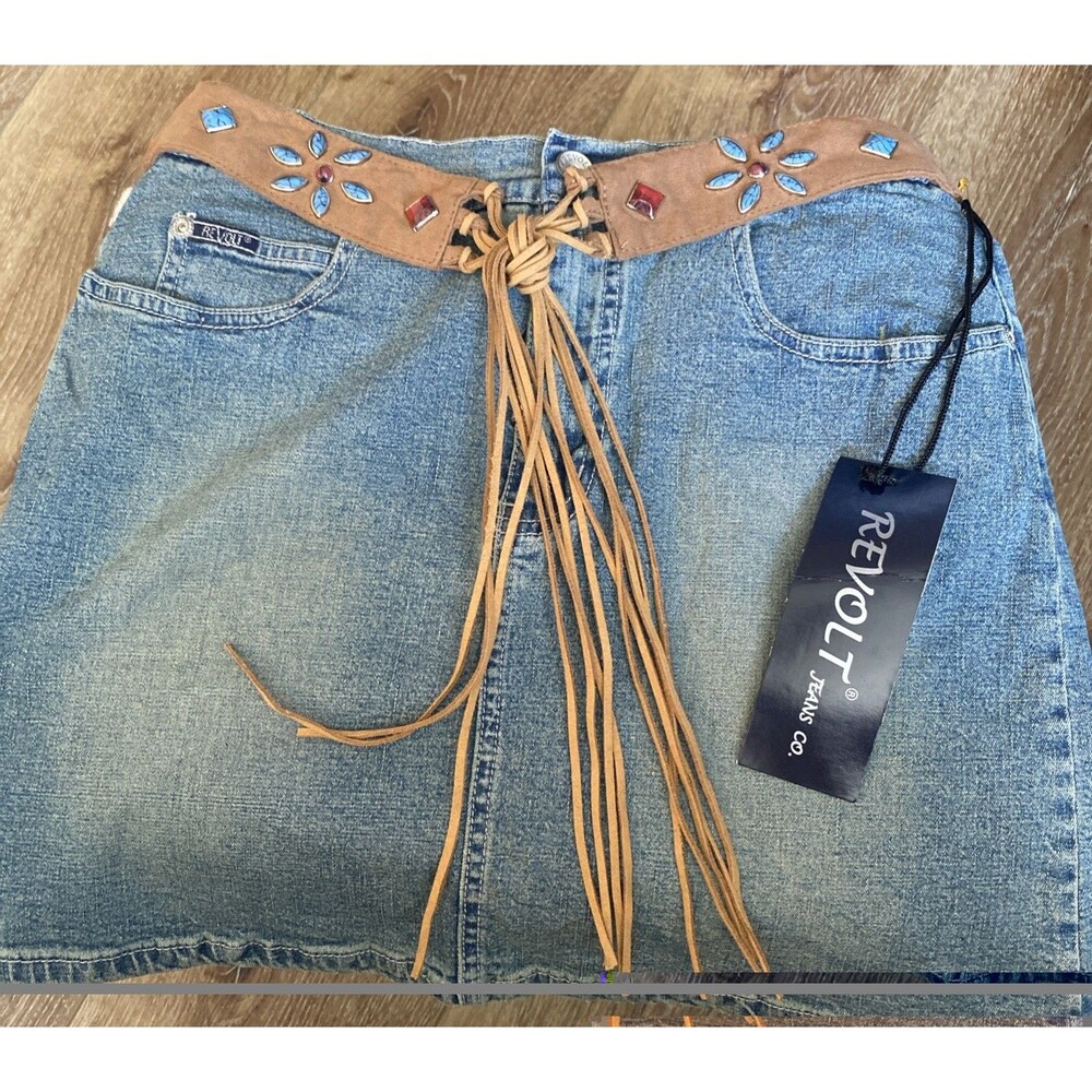 NWT size 7/8 Revolt jeans company jean skirt with faux suede fringe belt Vtg